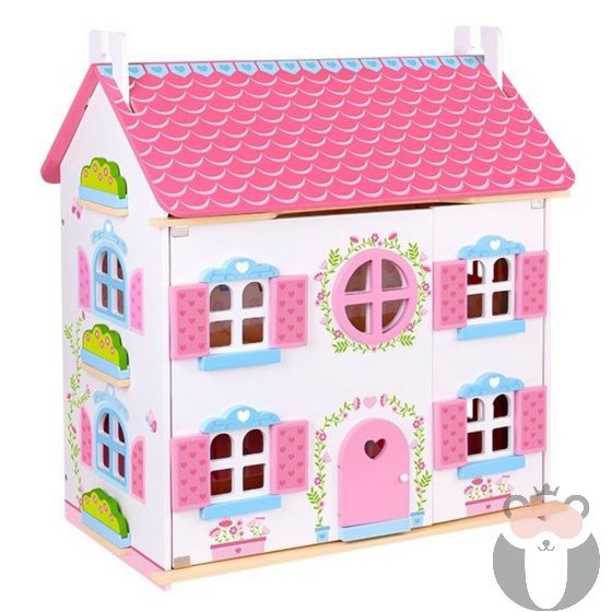 Приказен свят - дървена двуетажна къща за кукли, с обзавеждане и кукли, Tooky Toy