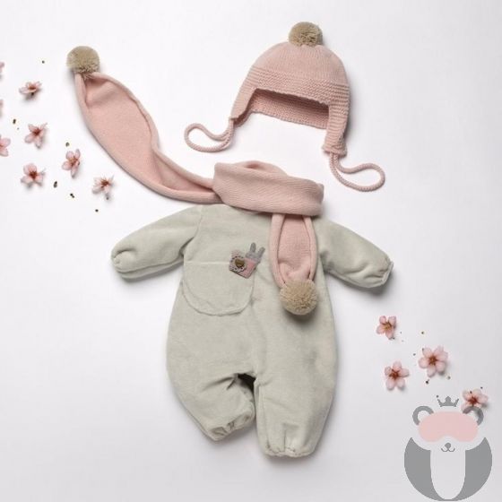 Бутикови дрехи за кукла-бебе, Поларено боди с розова шапка и шал, Asi dolls