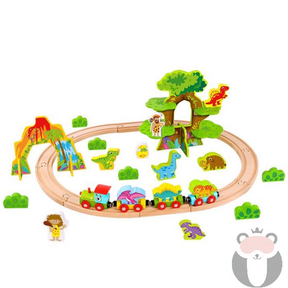 Джурасик парк - дървено влакче с релси и динозаври, 40 части, Tooky Toy