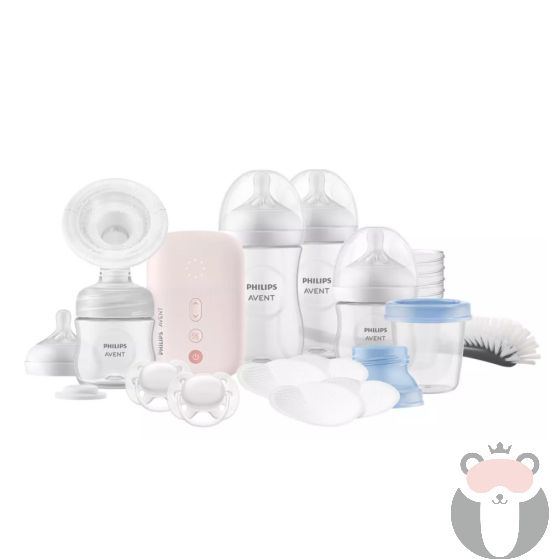 Philips AVENT SCD340/31 Комплект електрическа помпа за изцеждане на кърма Natural Motion Advanced + 4 бр. шишета Natural Response, 5 бр. контейнери VIA, залъгалка, подплънки и четка за почистване