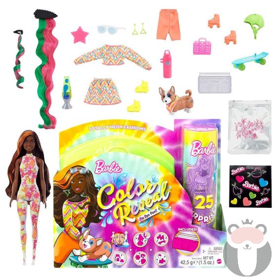 Кукла Mattel Barbie Color Reveal Totally Neon Fashions, с 25 изненади и промяна на цвета Brown