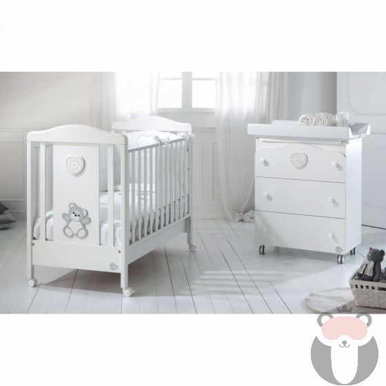 PROMO Baby Expert  бебешко креватче+скрин с вана и повивалник+ спален комплект 4 части Allegria Orsetto Brillante Бял Swarovski 2018