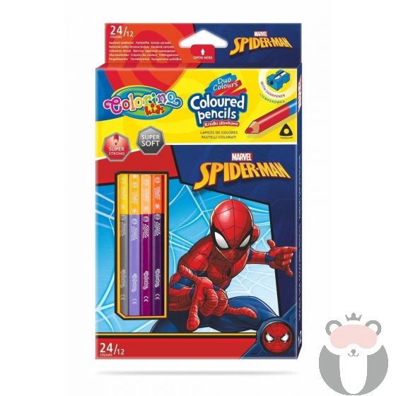 Colorino Двувърхи цветни моливи 12/24 цвята и острилка Spiderman Disney 