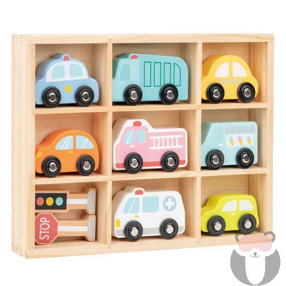 Комплект дървени автомобили и пътни знаци, Lelin Toys