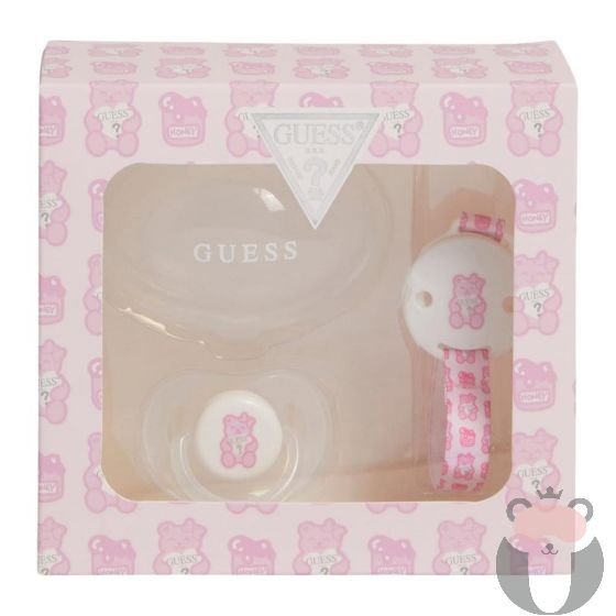 Guess Комплект за новородено - залъгалка, кутия и клипс PINK ANIMAL PRINT