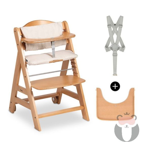 Hauck  Дървен стол за хранене Beta+, с колелца и табла за хранене, Natural