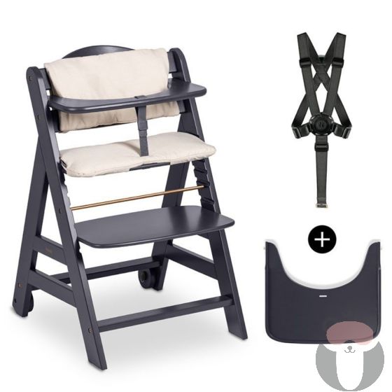 Hauck  Дървен стол за хранене Beta+, с колелца и табла за хранене, Dark Gray