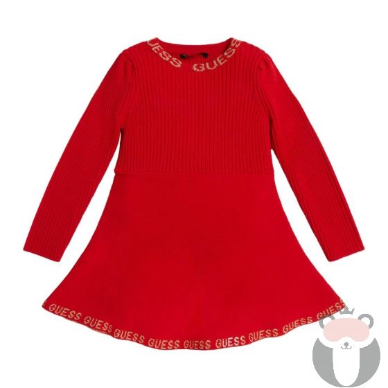 Guess Детска червена рипсена рокля с надписи Christmas