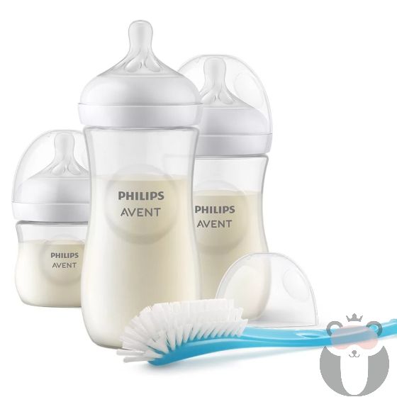 Комплект за новородено Philips AVENT SCD83712 с 3 шишета за хранене Natural Response с биберони без протичане и четка за почистване