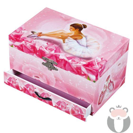 Музикална кутия за бижута с чекмедже Балерина - розова