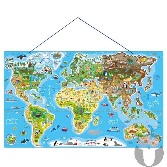 Магнитна карта на света, пъзел с магнитни части и игра, 2 в 1