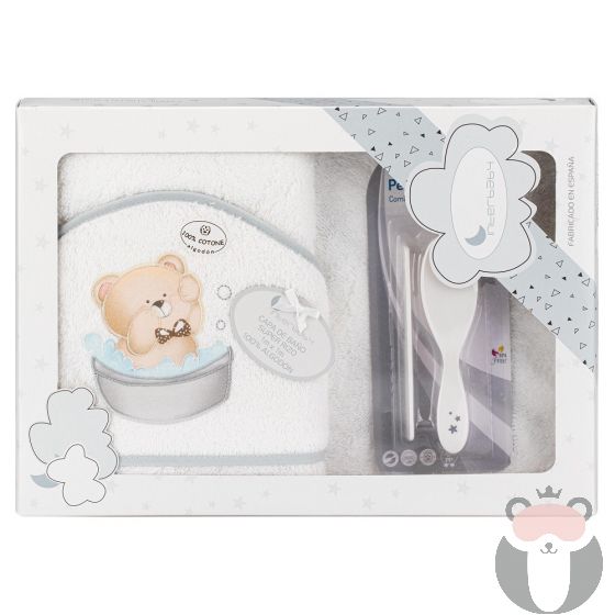 nterbaby бебешка хавлия 100x100см+ гребен и четка за коса Мече, бял