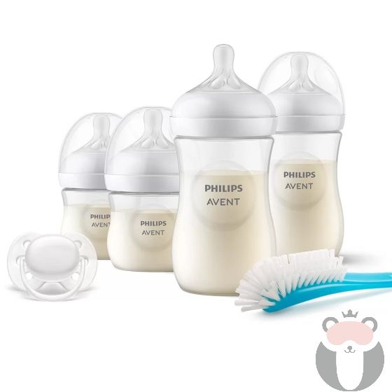 Комплект за новородено Philips AVENT SCD83811 с 4 шишета за хранене Natural Response с биберони без протичане, залъгалка Ultra Soft и четка за почистване