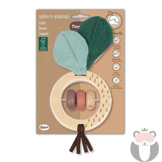 Tiny Love Дървена дрънкалка Цвекло от Еко колекция Garden of Adventures, текстилни листа и панделки, цветни дървени мъниста, 0м+