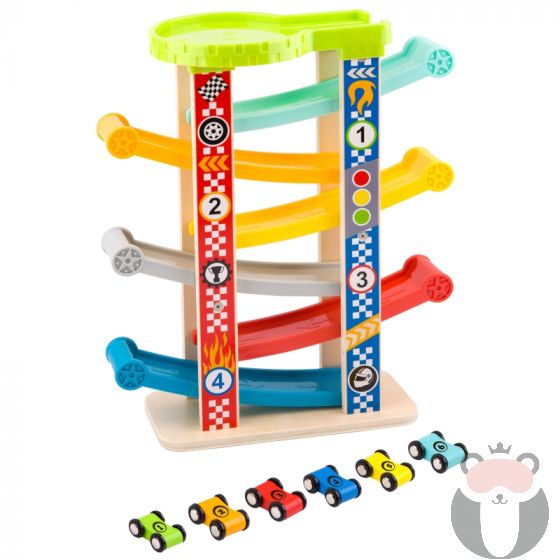 Цветна дървена писта с шест колички за игра Tooky toy