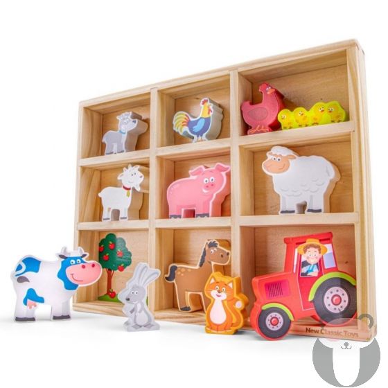 Дървени фигурни на животни от фермата в поставка, New classic toys
