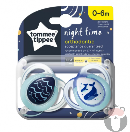 Tommee Tippee Ортодонтични залъгалки NIGHT TIME 0-6м, 2 бр./оп., Китове 43336165