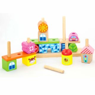Дървен конструктор за нанизване Град Viga toys