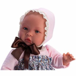 Кукла-бебе Лея с рокля на сини цветя и голяма кафява панделка, Asi dolls