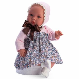 Кукла-бебе Лея с рокля на сини цветя и голяма кафява панделка, Asi dolls