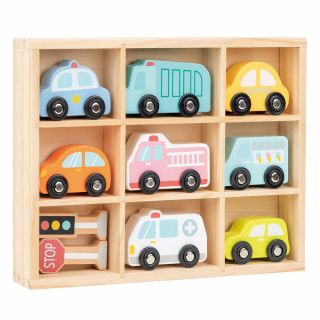 Комплект дървени автомобили и пътни знаци, Lelin Toys