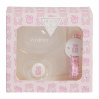 Guess Комплект за новородено - залъгалка, кутия и клипс PINK ANIMAL PRINT