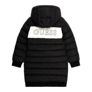 Guess Детско дълго зимно яке с качулка и надписи Jet Black A996