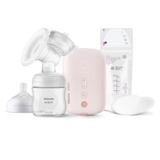 Philips AVENT Единична електрическа помпа Natural Motion SCF395/31 Advanced с 1 бр. полипропиленово шише от 125 мл с биберон Natural Response 0м+, 5 бр. торбички за кърма и 4 бр. подплънки