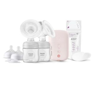 Philips AVENT Двойна електрическа помпа Natural Motion Advanced SCF395/31 с 2 бр. полипропиленови шишета 125 мл с биберон Natural Response 0м+, 5 бр. торбички за кърма и 4 бр. подплънки