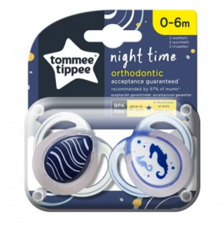 Tommee Tippee Ортодонтични залъгалки NIGHT TIME 0-6м, 2 бр./оп., Морско конче 43336165