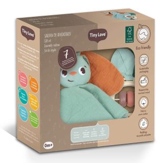 Tiny Love Комплект за новородени от муселинова играчка за гушкане Заек и дървена дрънкалка от Еко колекция Garden of Adventures , 0м+