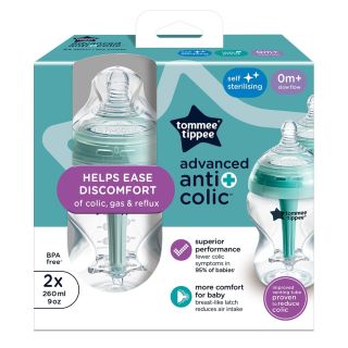 Tommee Tippee ШИШЕ ЗА ХРАНЕНЕ ANTI-COLIC+ САМОСТЕРИЛИЗИРАЩО 260 ml (2 бр./оп.) 0м+