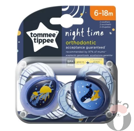 Tommee Tippee Ортодонтични залъгалки NIGHT TIME, 6-18м, 2 бр./оп., Китове 43336285