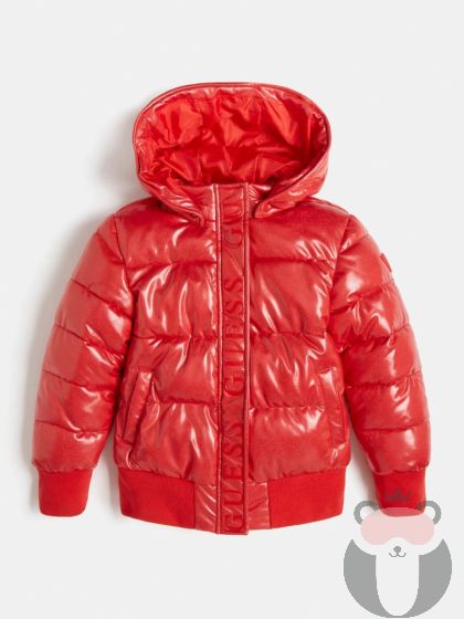 Детско червено зимно яке с качулка и надписи Guess за момиче 