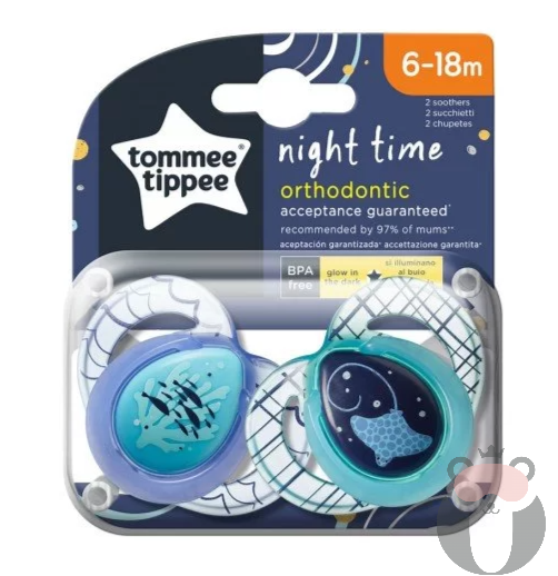Tommee Tippee Ортодонтични залъгалки NIGHT TIME, 6-18м, 2 бр./оп., Скат 43336285